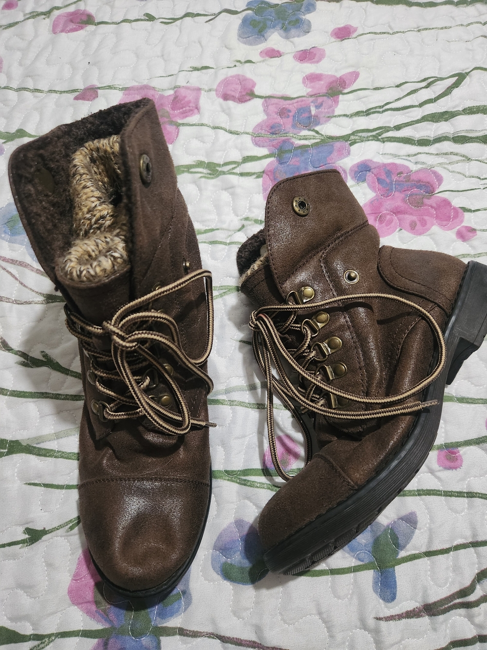 Cliffs by WHITE MOUNTAIN Brown Lace-Up Faux-Suede Ankle Boots with Faux-Fur Trim